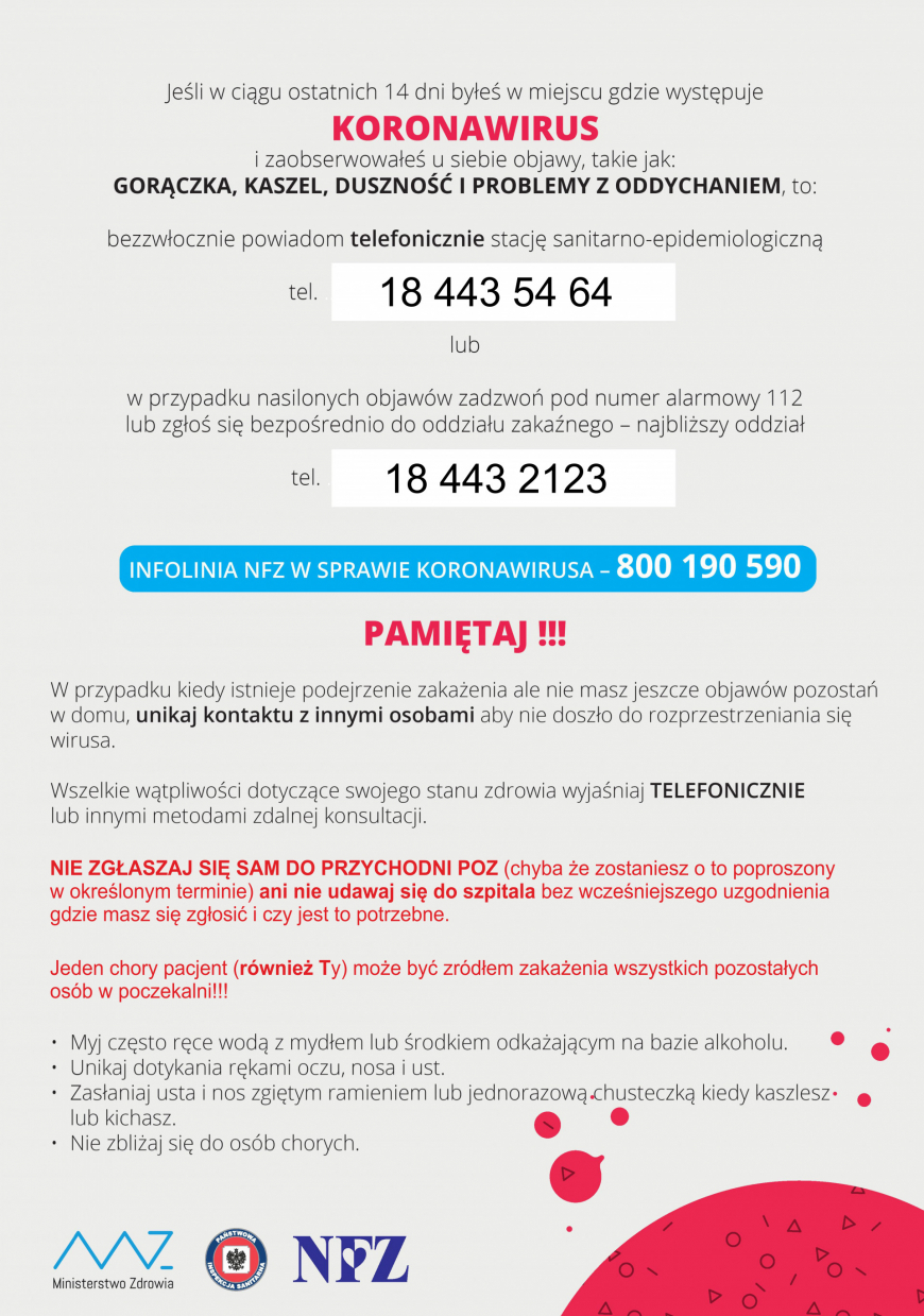 Informacja o postępowaniu w przypadku Koronawirusa