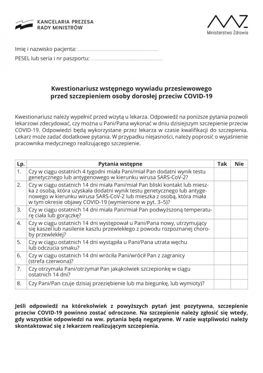 Kwestionariusz przed szczepieniem COVID-19